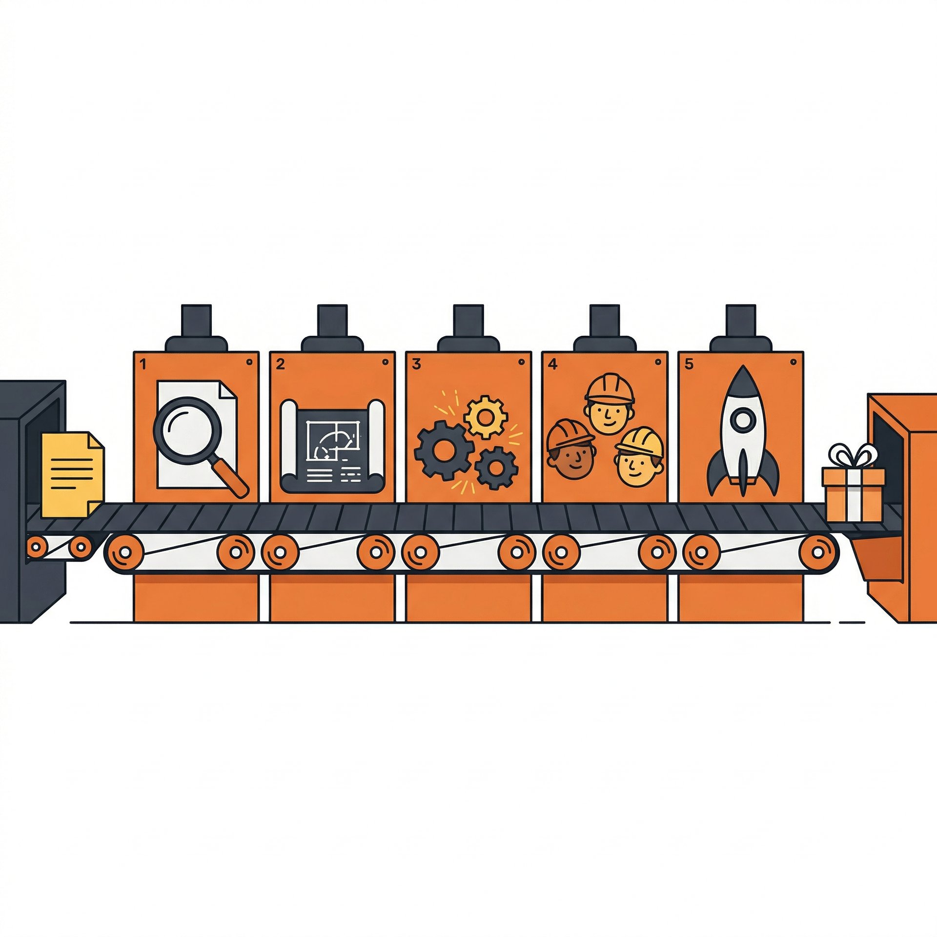 Stylised illustration of work moving along a conveyor past review stations